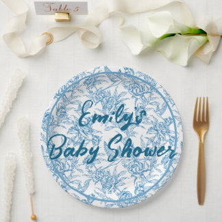 Toile bird and floral Custom Name Baby Shower I Do Paper Plate