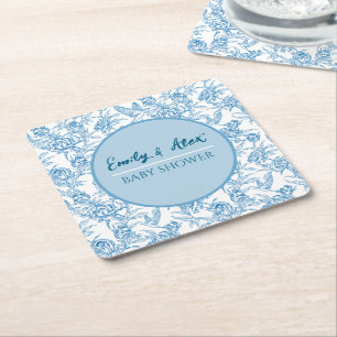 Toile bird and floral Custom Name Baby Shower I Do Square Paper Coaster