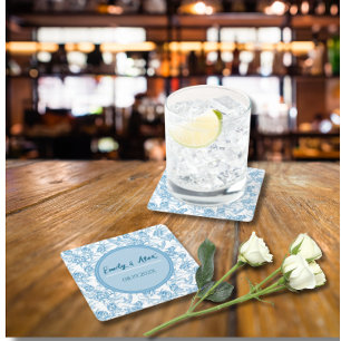 Toile bird and floral Custom Name Baby Shower I Do Square Paper Coaster