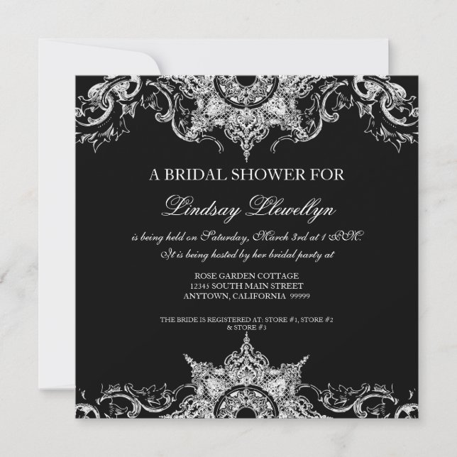 Toile Black n White Damask Swirl Bridal Shower Invitation (Front)