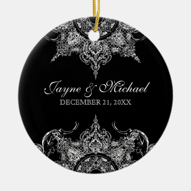 Toile Black n White Damask Swirl First Christmas Ceramic Tree Decoration (Front)
