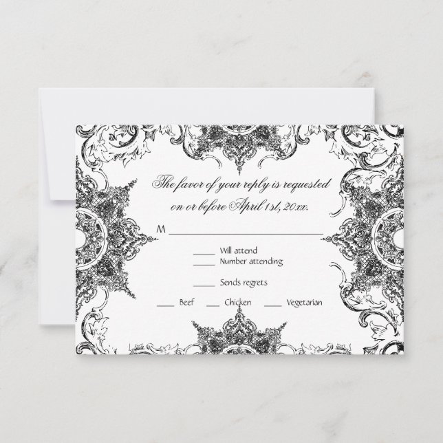 Toile Black n White Damask Swirl Wedding RSVP Card (Front)