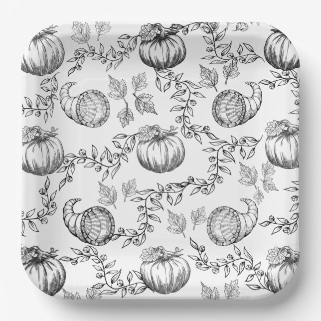 Toile Black Pumpkin 9 in. Square Paper Plate (Front)
