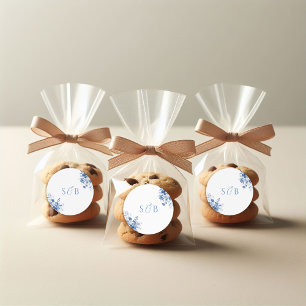 Toile Blue Floral Round Wedding Sticker Initials