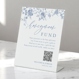 Toile Blue Floral Wedding Honeymoon Fund Pedestal Sign