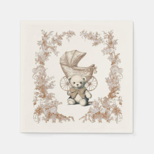 Toile Brown Teddy Bear Carriage Baby Shower Napkin