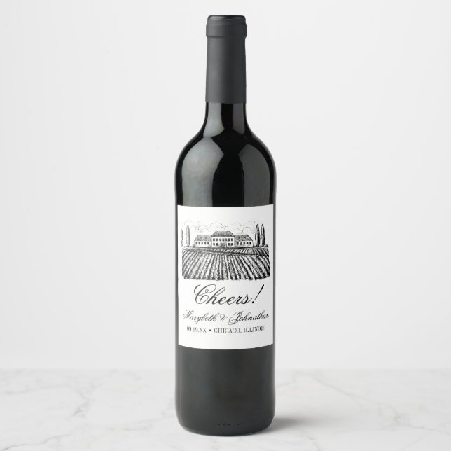 Toile & Calligraphy Editable Wedding Wine Label (Front)