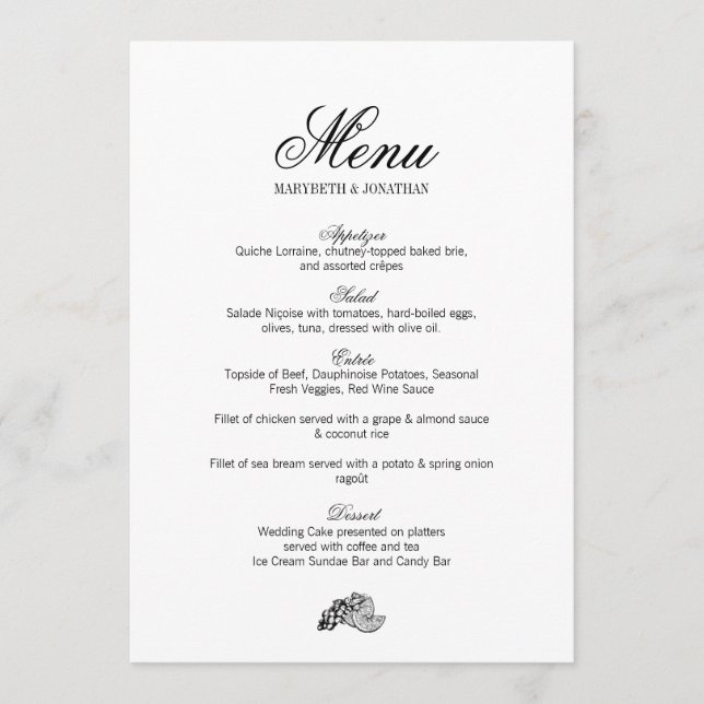 Toile & Calligraphy Wedding Menu Card (Front)