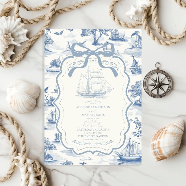 Toile Chic Nautical  Bow Wedding Invitation (Creator Uploaded)