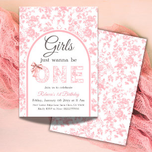 Toile Coquette Pink Bow Girl First 1st Birthday Invitation
