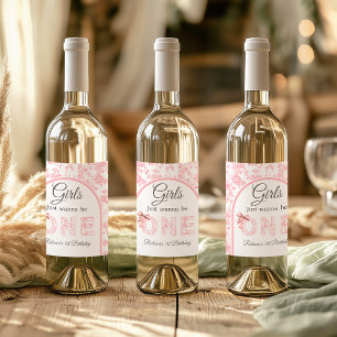 Toile Coquette Pink Bow Girl First 1st Birthday Wine Label