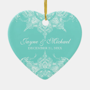 Toile Damask Swirl First Christmas Aqua Blue Ceramic Tree Decoration