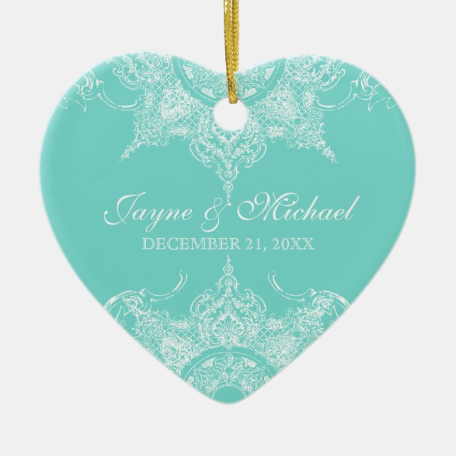 Toile Damask Swirl First Christmas Aqua Blue Ceramic Tree Decoration (Front)