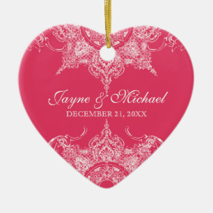 Toile Damask Swirl First Christmas Hot Pink Ceramic Tree Decoration