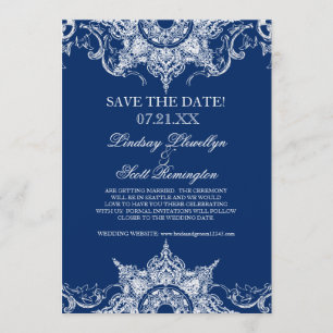 Toile Damask Swirl Save the Dates Navy Blue Invitation
