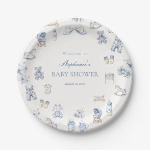 Toile De Jouy Baby Shower Blue Bow Boy Paper Plate