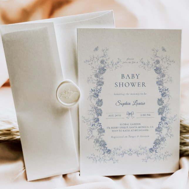 Toile de Jouy Baby Shower Blue Chinoiserie Floral  Invitation (Creator Uploaded)