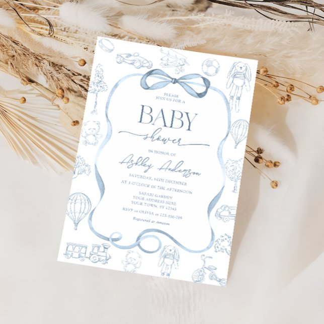 Toile De Jouy Baby Shower with Bow Boy Invitation (Creator Uploaded)