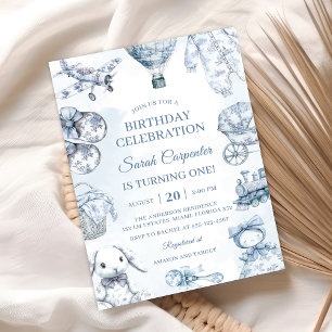 Toile De Jouy Blue Birthday Party Invitation