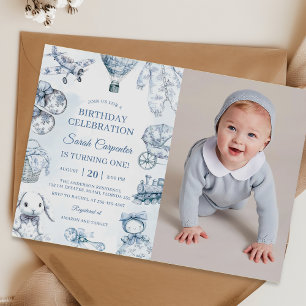 Toile De Jouy Blue Birthday Party Photo Invitation