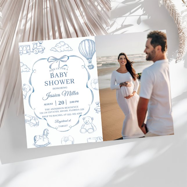Toile De Jouy Blue Bow Baby Shower Party Photo  Invitation (Creator Uploaded)