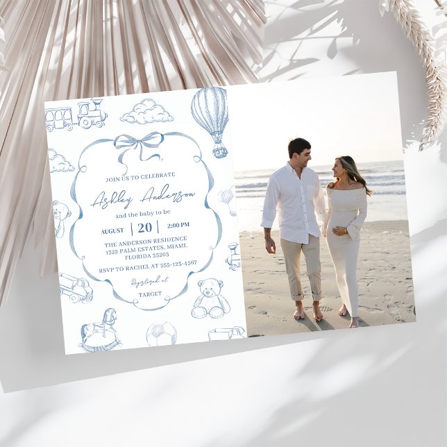 Toile De Jouy Blue Bow Baby Shower Party Photo  Invitation (Creator Uploaded)