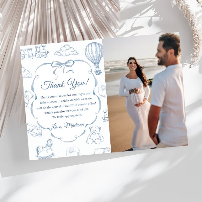 Toile De Jouy Blue Bow Baby Shower Thank You Card  (Creator Uploaded)