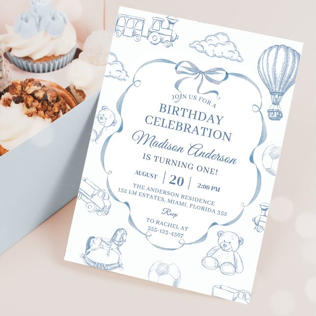 Toile De Jouy Blue Bow Birthday Party  Invitation (Creator Uploaded)