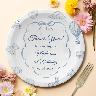 Toile De Jouy Blue Bow Birthday Party Paper Plate