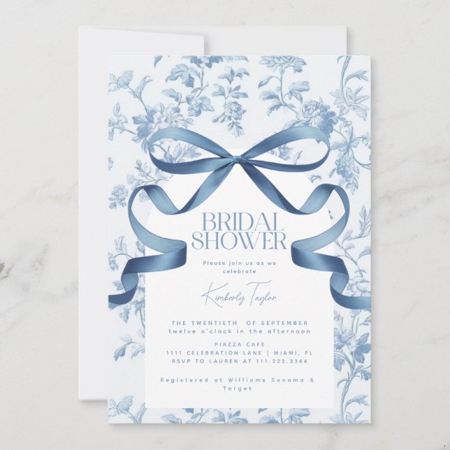 Toile De Jouy Blue Bow Bridal Shower Invitation (Front)