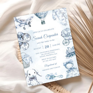 Toile De Jouy Blue Boy Baby Shower Party Invitation