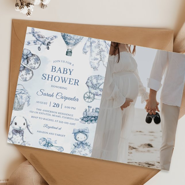 Toile De Jouy Blue Boy Baby Shower Party Photo  Invitation (Creator Uploaded)