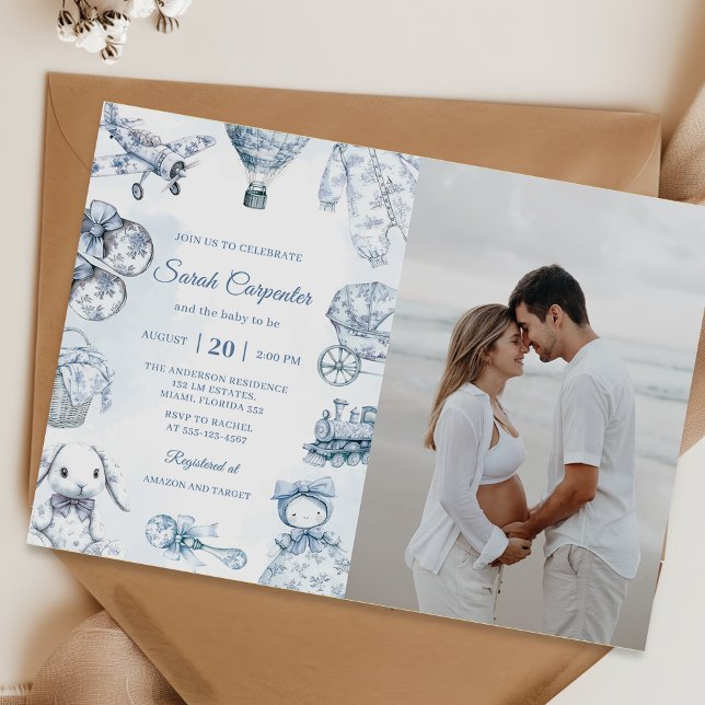 Toile De Jouy Blue Boy Baby Shower Party Photo  Invitation (Creator Uploaded)