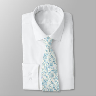 Toile de jouy Blue Chinoiseries Peonies Floral  Tie