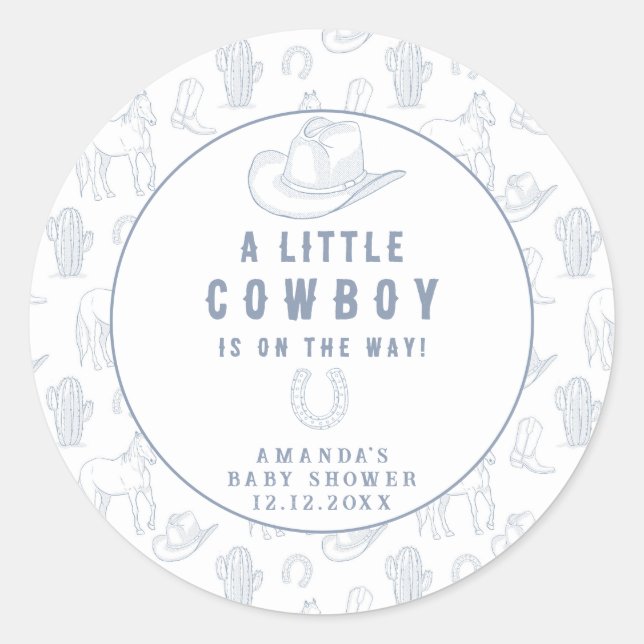 Toile de Jouy Blue Cowboy Western Baby Shower Classic Round Sticker (Front)