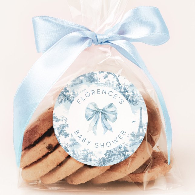 Toile de Jouy Bonjour bebe bow Baby shower Classic Round Sticker (Creator Uploaded)