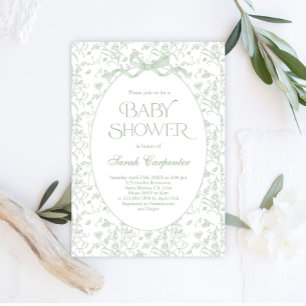 Toile De Jouy Bow Baby Shower sage Invitation
