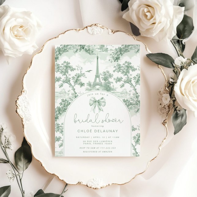 Toile de Jouy Bridal shower Sage French Bow Paris Invitation (Creator Uploaded)