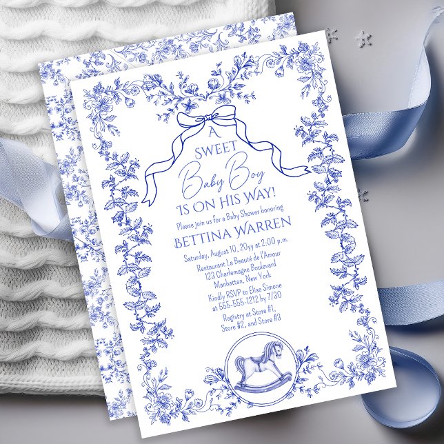Toile de Jouy Chinoiserie Horse Boy Baby Shower Invitation (Toile de Jouy Chinoiserie Rocking Horse Boy Baby Shower Invitation - Print | Digital Download)