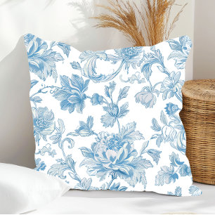 Toile-de-jouy Chinoiseries Blue Floral Pattern Cushion