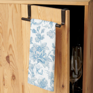 Toile-de-jouy Chinoiseries Blue Floral Pattern Tea Towel
