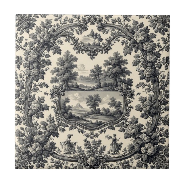 Toile De Jouy Countryside Floral Motif Monochrome  Tile (Front)