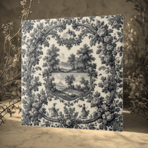 Toile De Jouy Countryside Floral Motif Monochrome Tile