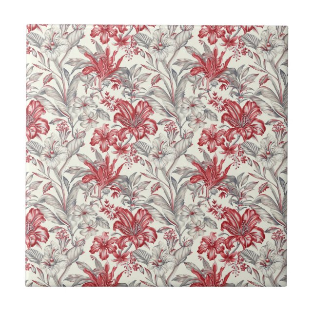 Toile de Jouy Deep Red and Subtle Grey Floral Tile (Front)