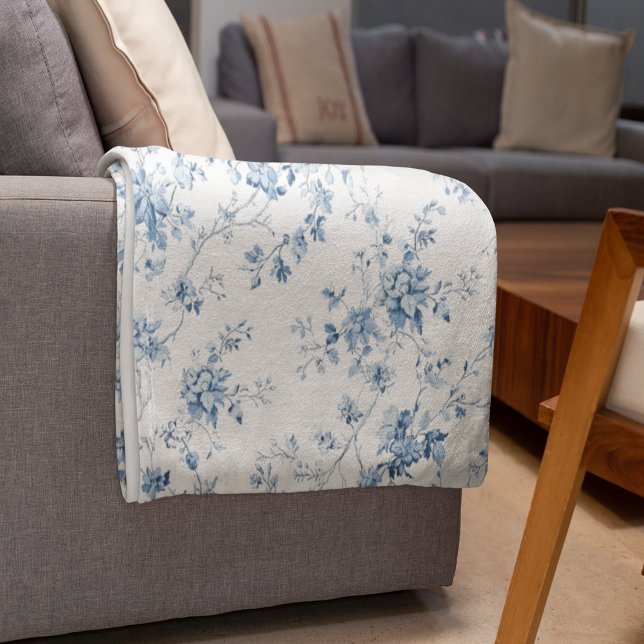 Toile De Jouy Floral Blue Chinoiseries Pattern Fleece Blanket (Toile De Jouy Floral Blue Chinoiseries Pattern Fleece Blanket (Larage))