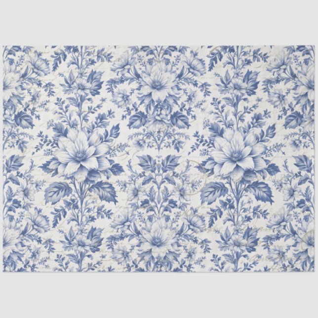 Toile de Jouy Floral Blue White Ephemera Decoupage Tissue Paper (Front)