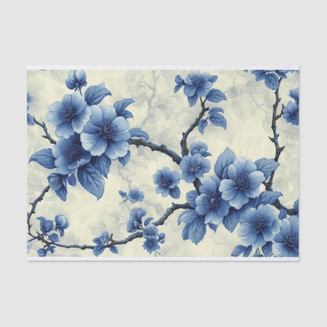 Toile de Jouy flowers in blue on aged Tissue Paper (Front)