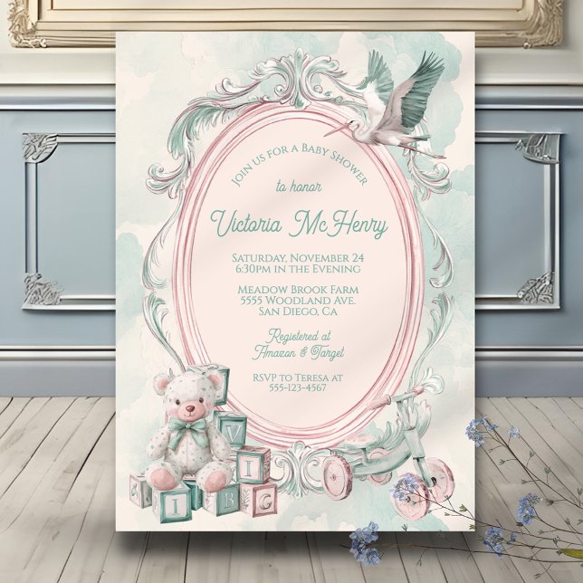 Toile de Jouy frame baby shower Pink Invitation (Creator Uploaded)