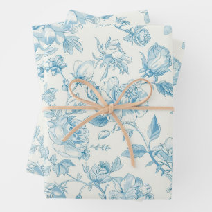 Toile de jouy French Chinoiseries Peonies Floral Wrapping Paper Sheet
