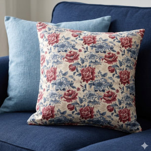 Toile de Jouy. French toile. Blue and red roses. Cushion